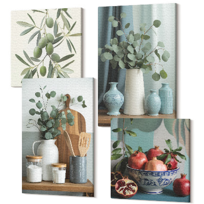 Zestaw obrazów 4 części kwadryptyk Zielone oliwki i gałązki eukaliptusa estetyczne