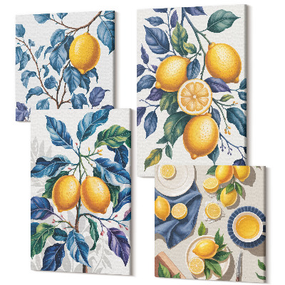 Zestaw obrazów na płótnie kwadryptyk Cytryny na gałęziach z błękitnymi liśćmi