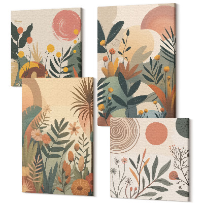 Zestaw obrazów 4 części kwadryptyk Roślinne motywy w stonowanych kolorach z okręgami