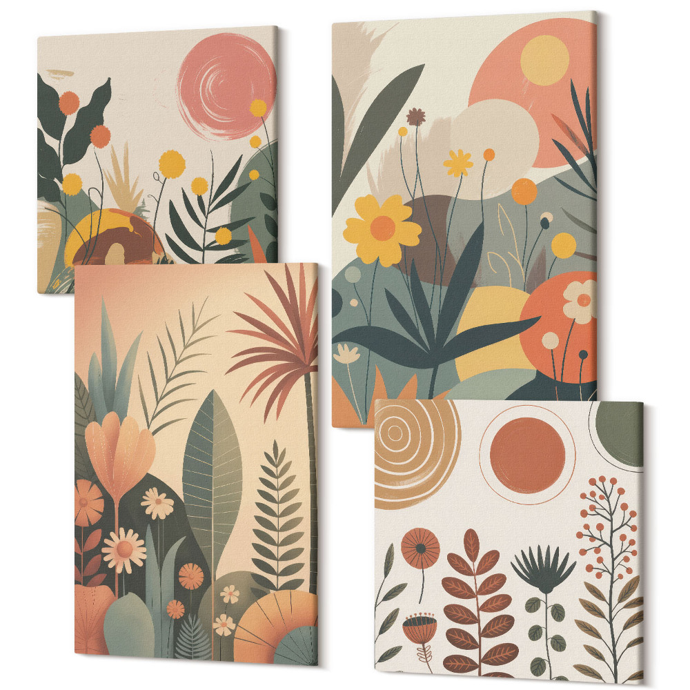 Zestaw obrazów kwadryptyk na ścianę Boho roślinne wzory w ciepłych odcieniach z naturą