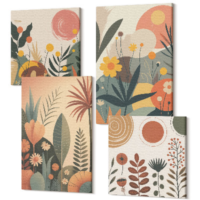 Zestaw obrazów kwadryptyk na ścianę Boho roślinne wzory w ciepłych odcieniach z naturą