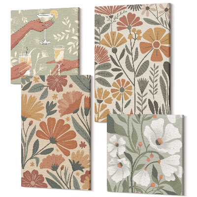 Zestaw obrazów 4 części kwadryptyk Kwiatowe wzory w odcieniach pomarańczowym i zielonym