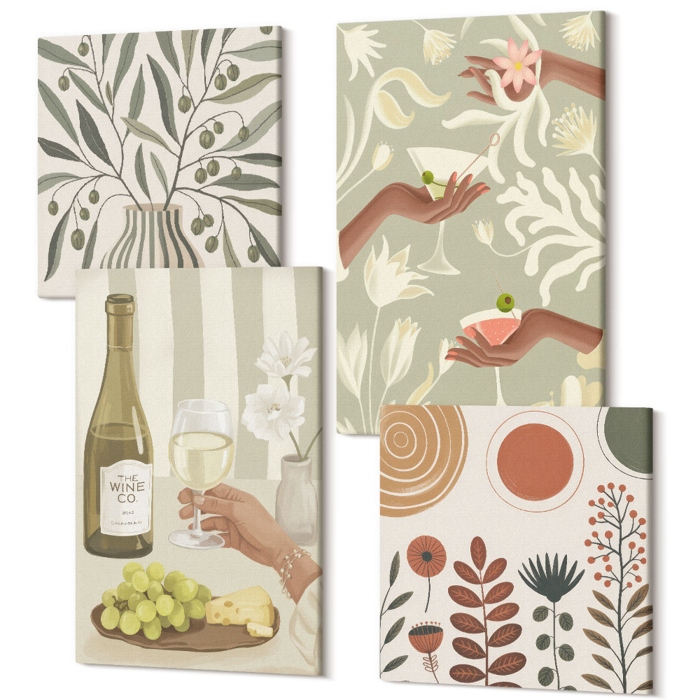 Zestaw obrazów na płótnie kwadryptyk Kwiaty oliwne i koktajle w stylu rustykalnym