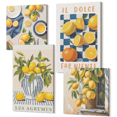 Zestaw obrazów kwadryptyk na ścianę Owoce cytrusowe w stylu retro z żółtymi akcentami