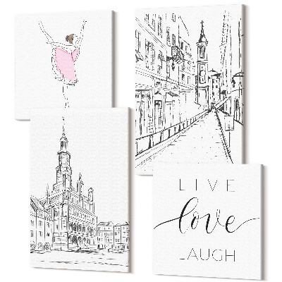 Zestaw obrazów na płótnie kwadryptyk Stylowe obrazy z tańczącą baletnicą i architekturą love