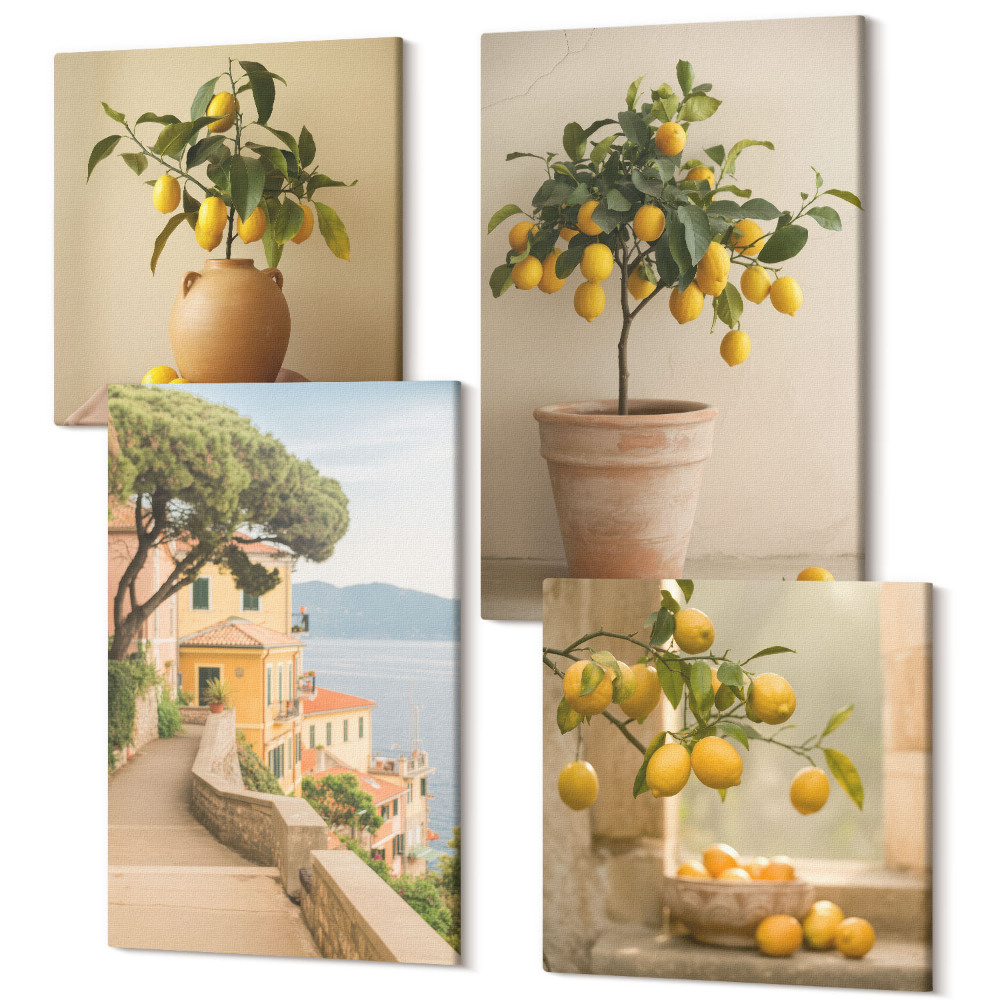 Zestaw obrazów 4 części kwadryptyk Cytrynowe drzewka w donicach i na oknie