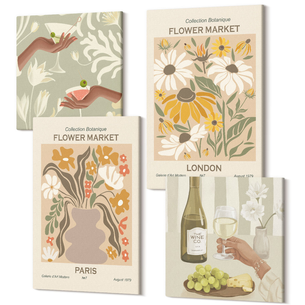 Zestaw obrazów na płótnie kwadryptyk Kwiatowe wzory z Amsterdamu Paryża i Londynu