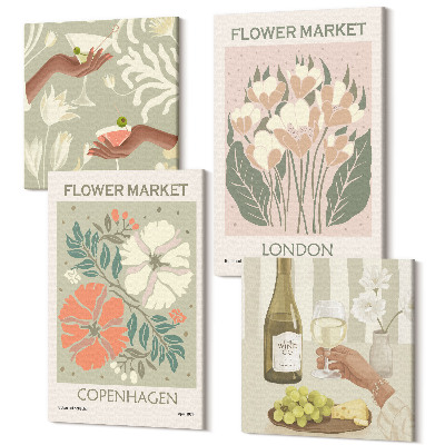 Zestaw obrazów 4 części kwadryptyk Kwiatowe postery wino Kopenhaga Londyn