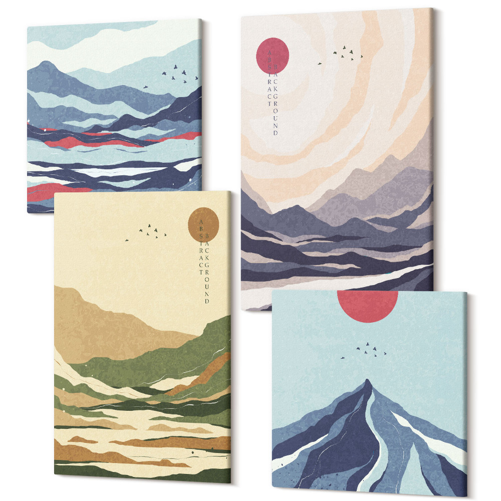 Zestaw obrazów 4 części kwadryptyk Góry w pastelowych kolorach styljapandi