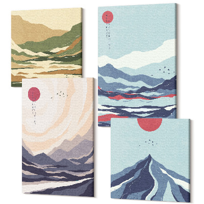 Zestaw obrazów kwadryptyk na ścianę Abstrakcyjne krajobrazy górskie styl japoński