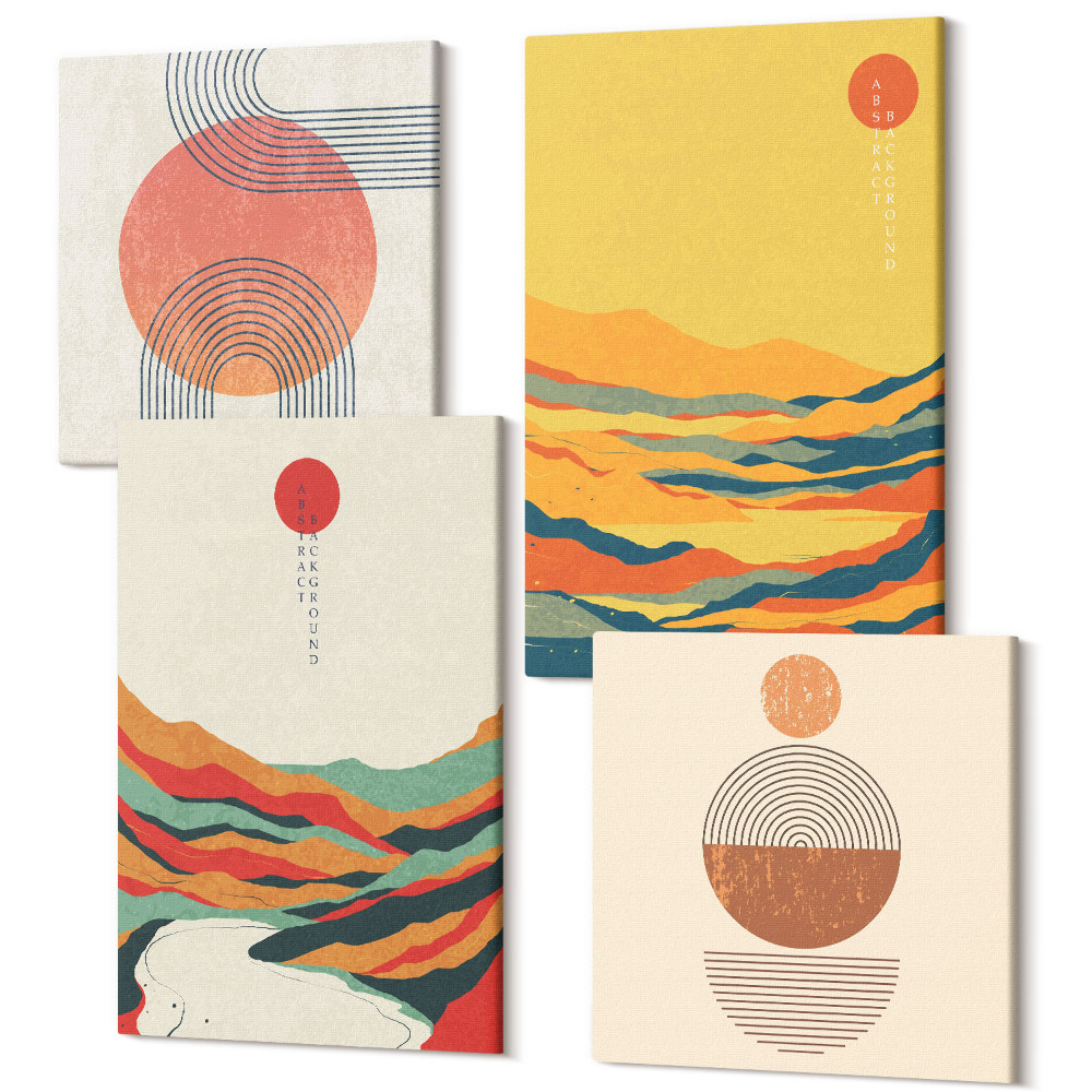 Zestaw obrazów 4 części kwadryptyk Kolorowe wzory gór i rzek styl japandi