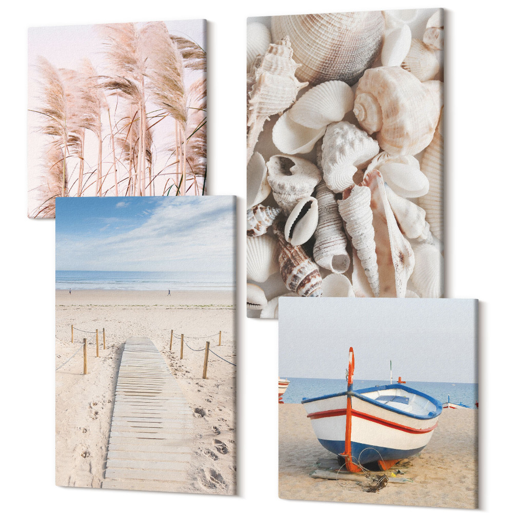 Zestaw obrazów kwadryptyk na ścianę Piaszczysta plaża łódka muszle trawa boho