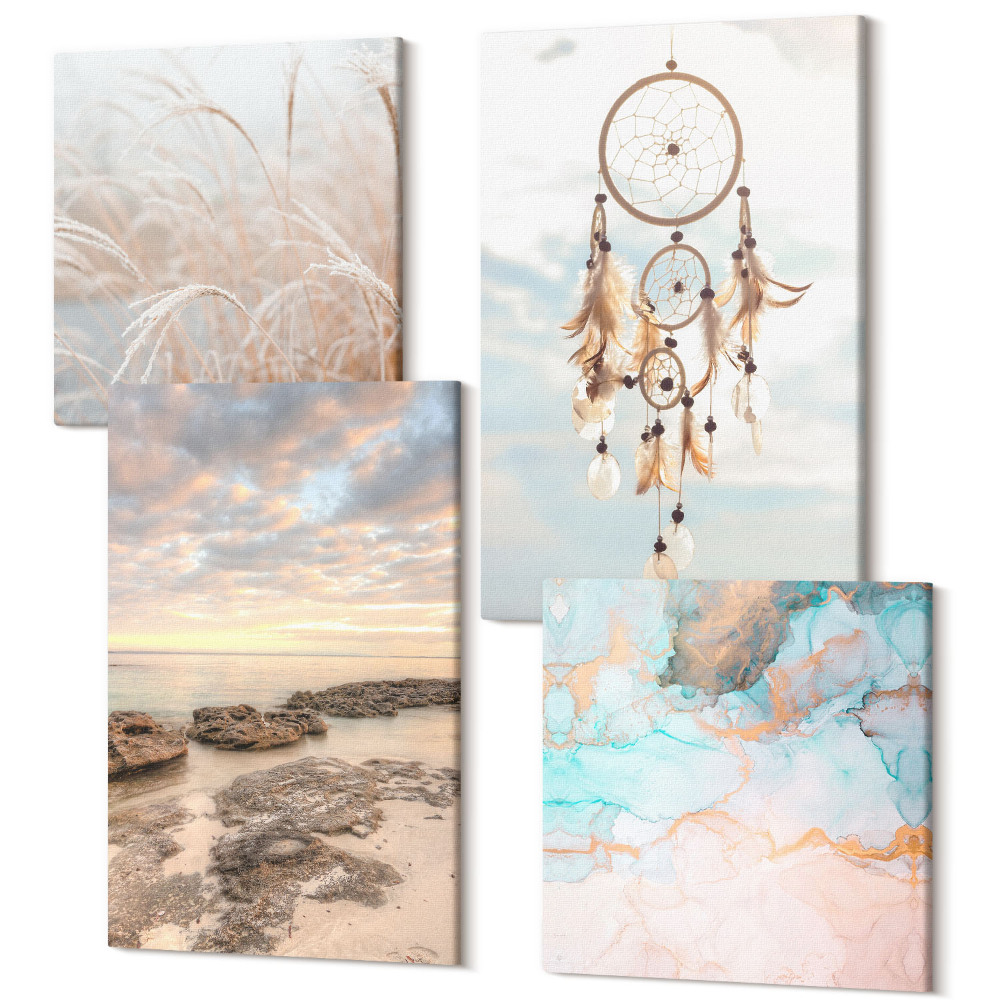 Zestaw obrazów 4 części kwadryptyk Widok na morze z chmurami łapacz snów i trawa