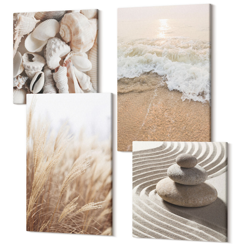Zestaw obrazów na płótnie kwadryptyk Motywy plażowe z muszlami i falami morskimi