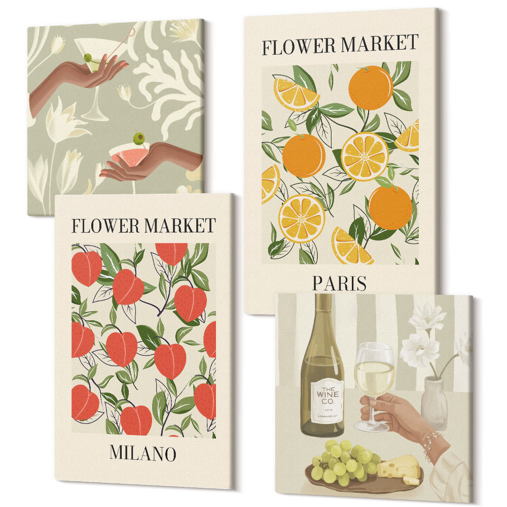 Zestaw obrazów kwadryptyk na ścianę Kwiatowe postery i wino Mediolan Paryż