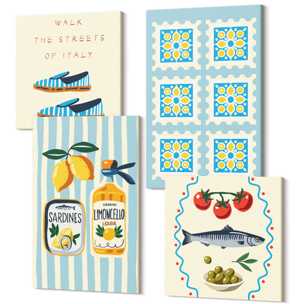 Zestaw obrazów kwadryptyk na ścianę Wzory owoców i elementy włoskiej kultury