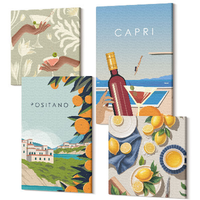 Zestaw obrazów 4 części kwadryptyk Wakacyjne widoki włoskie cytryny Positano i Capri