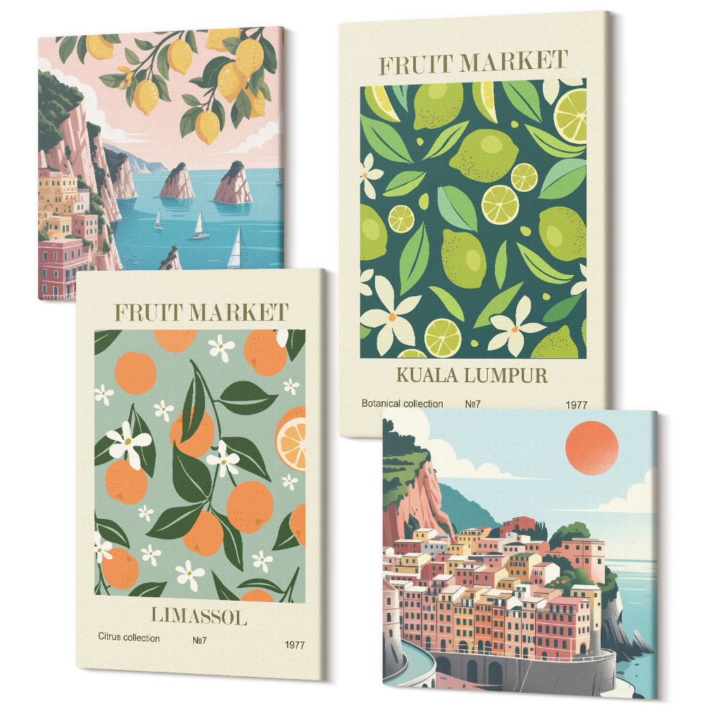 Zestaw obrazów 4 części kwadryptyk Owocowe wzory postery w stylu vintage