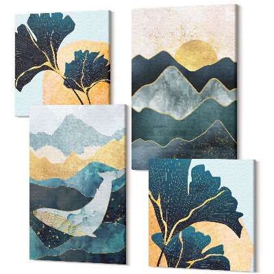 Zestaw obrazów kwadryptyk na ścianę Abstrakcyjne estetyczne widoki z górami i roślinami