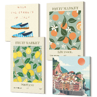 Zestaw obrazów kwadryptyk na ścianę Owocowe wzory elementy włoskiej kultury