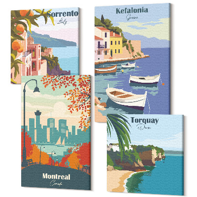 Zestaw obrazów kwadryptyk na ścianę Retro widoki miast i krajobrazów ze świata