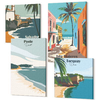 Zestaw obrazów 4 części kwadryptyk Tropikalne krajobrazy z plażami i palmami