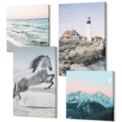 Zestaw obrazów na płótnie kwadryptyk Konie w ruchu plaża i latarnia morska góry