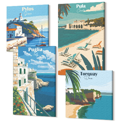Zestaw obrazów kwadryptyk na ścianę Malownicze krajobrazy nadmorskie z turystycznych krajów