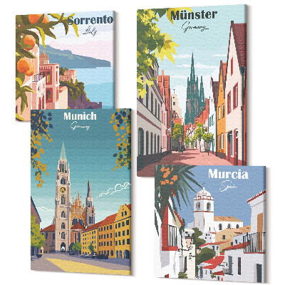 Zestaw obrazów kwadryptyk na ścianę Miasta Europy w kolorowych ilustracjach