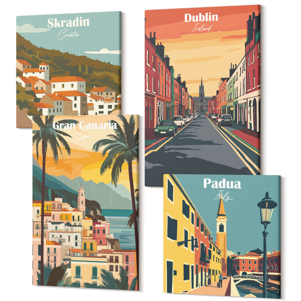 Zestaw obrazów 4 części kwadryptyk Krajobrazy miast i natury w ciepłych kolorach