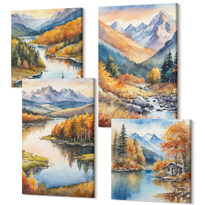 Zestaw obrazów 4 części kwadryptyk Widoki górskie z rzeką i jesiennymi drzewami