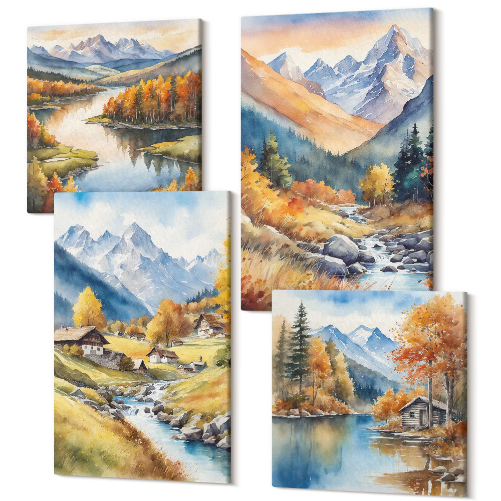 Zestaw obrazów kwadryptyk na ścianę Jesienne pejzaże natury w malowniczym stylu
