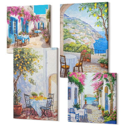 Zestaw obrazów kwadryptyk na ścianę Urokliwe uliczki z kwitnącymi roślinami i widokiem na morze
