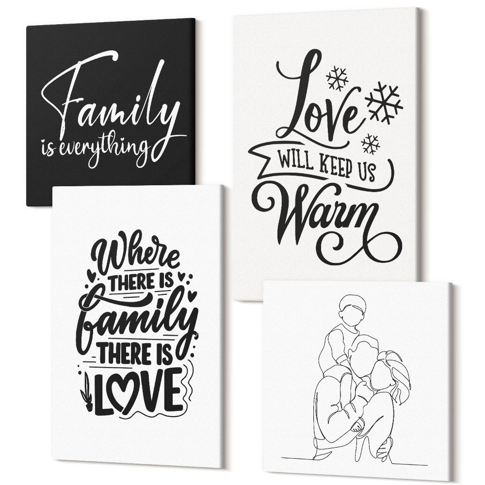 Zestaw obrazów kwadryptyk na ścianę Rodzina miłość ciepło domowe napisy inspirujące