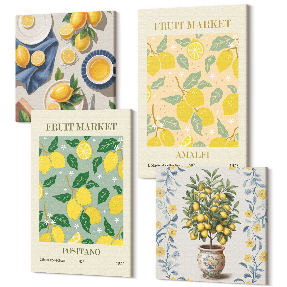 Zestaw obrazów kwadryptyk na ścianę Drzewo cytrusowe i owoce postery włoskie