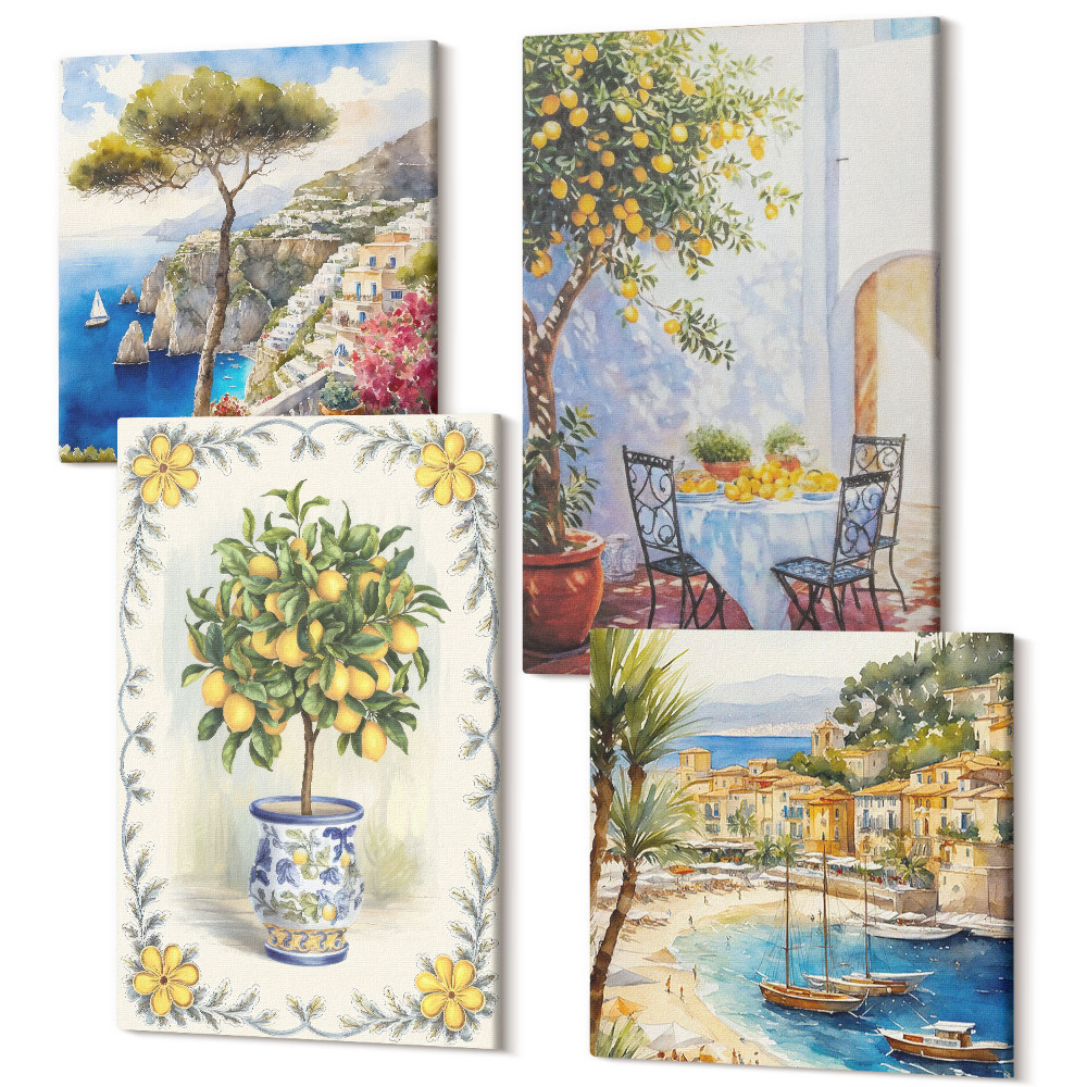 Zestaw obrazów 4 części kwadryptyk Widoki na morze z drzewami cytrynowymi