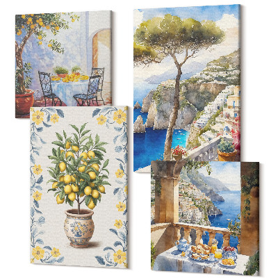 Zestaw obrazów 4 części kwadryptyk Widok na morze z drzewem cytrynowymi włoskie malunki