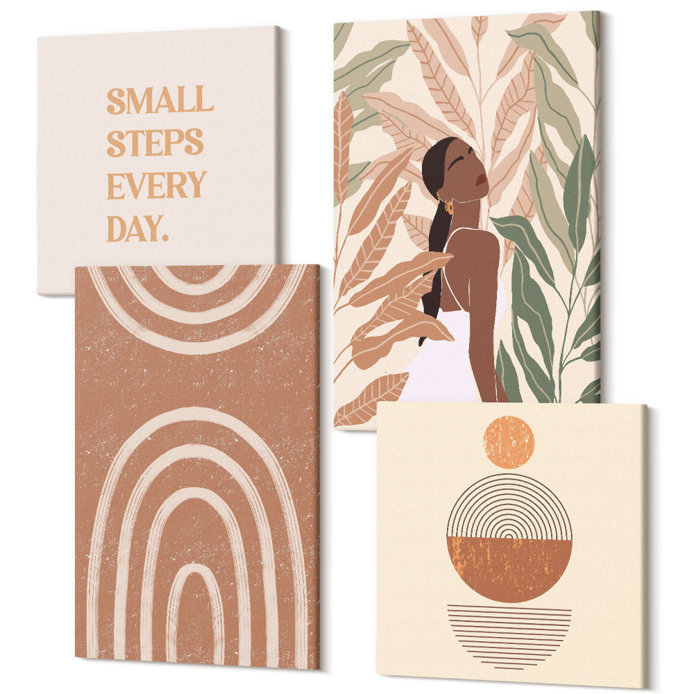 Zestaw obrazów 4 części kwadryptyk Stylowe wzory z roślinnymi motywami i geometrycznymi kształtami