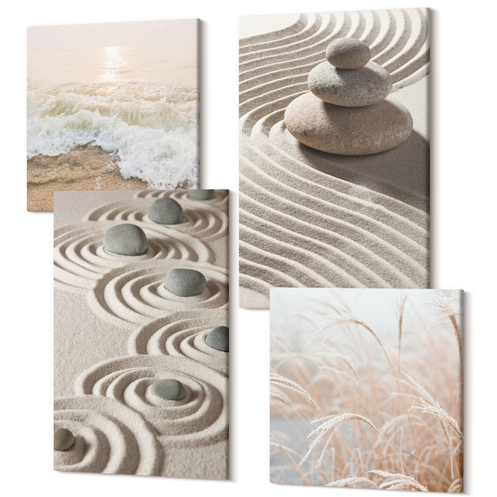 Zestaw obrazów 4 części kwadryptyk Spokojne fale piasku i wody z kamieniami na plaży