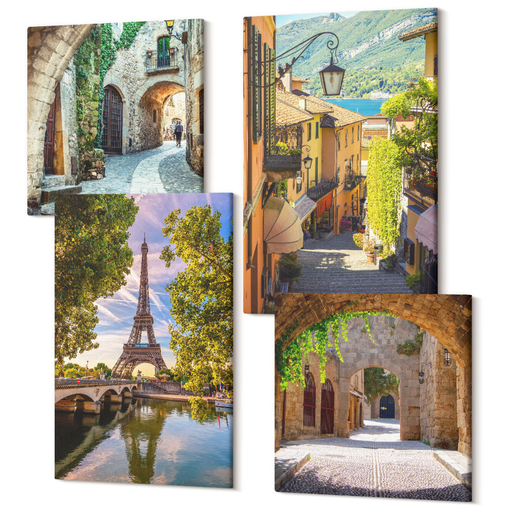 Zestaw obrazów 4 części kwadryptyk Piękne uliczki zabytkowa architektura wieża Eiffla