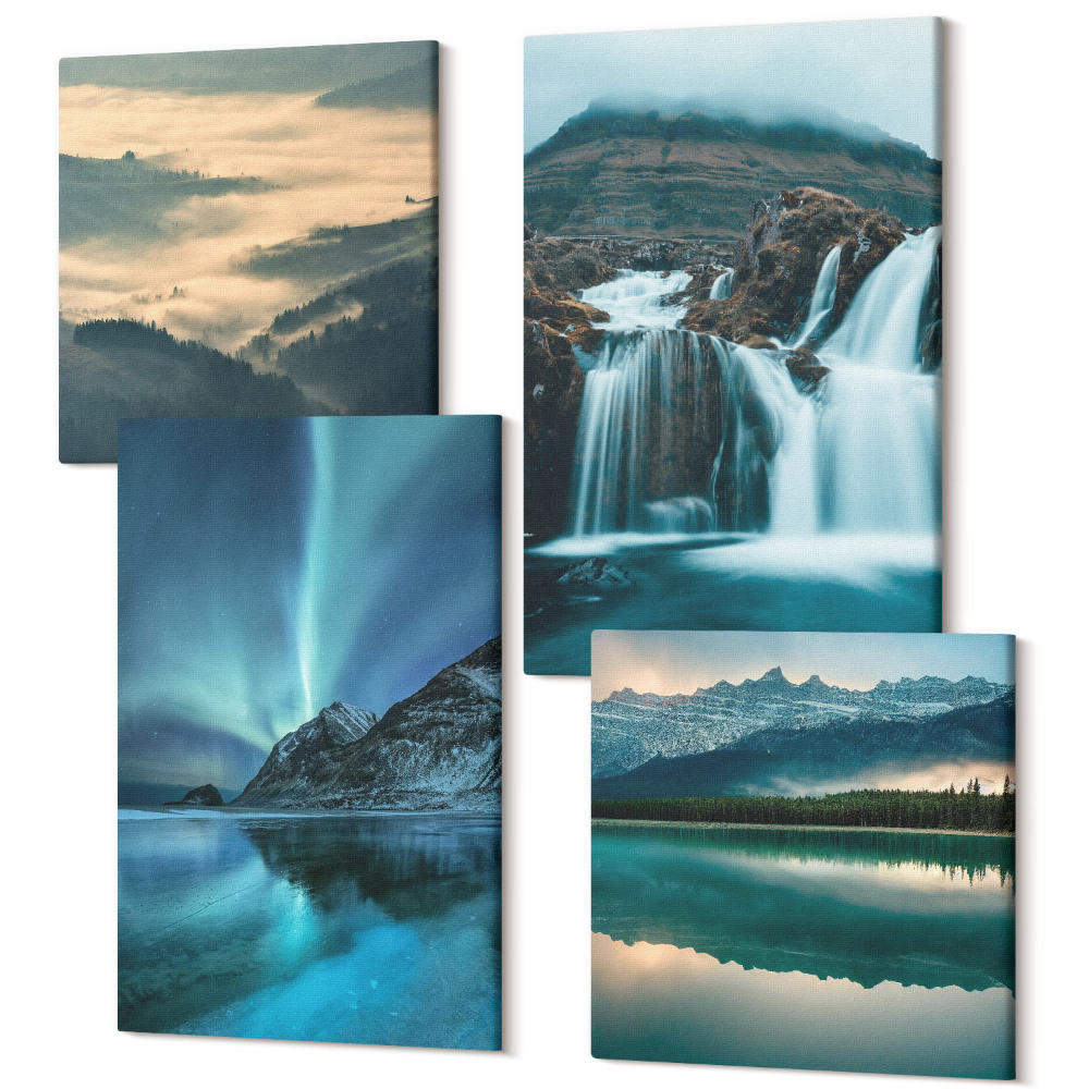 Zestaw obrazów na płótnie kwadryptyk Zimowe pejzaże z wodospadami i zorzami polarnymi