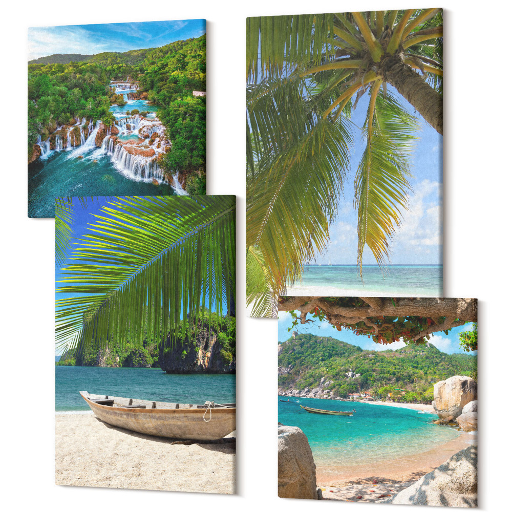 Zestaw obrazów kwadryptyk na ścianę Plaża z łodzią wodospady i palmy w tropikach