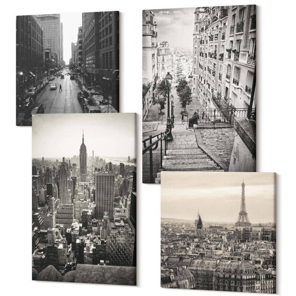 Zestaw obrazów 4 części kwadryptyk Widoki miast Paryż Nowy Jork i urokliwe schody