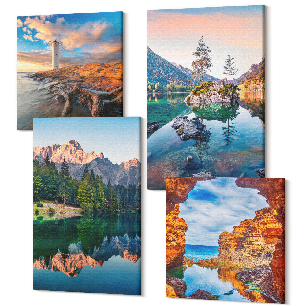 Zestaw obrazów kwadryptyk na ścianę Górskie jeziora z odbiciem w wodzie i skałami