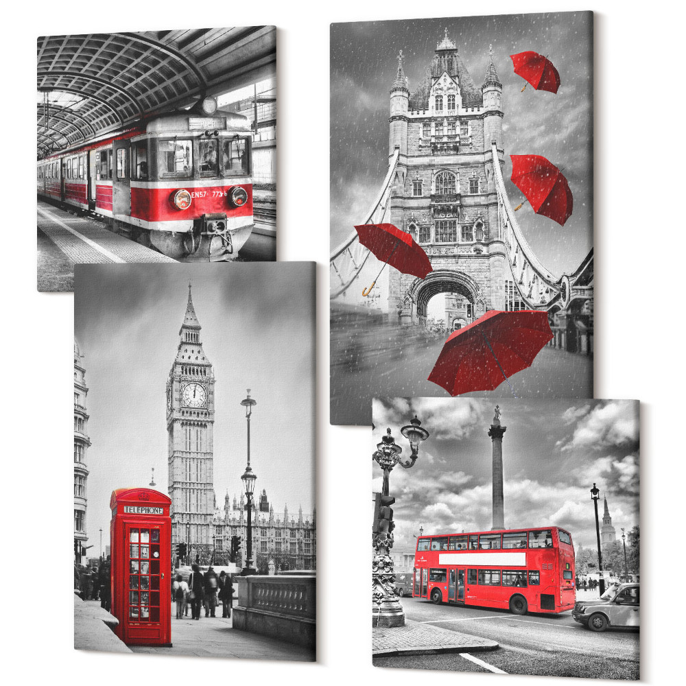 Zestaw obrazów 4 części kwadryptyk Czerwone akcenty i znane budowle Londynu