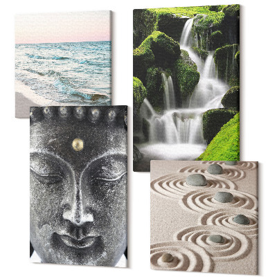 Zestaw obrazów 4 części kwadryptyk Spokój natury z kamieniami wodospadem i Buddą