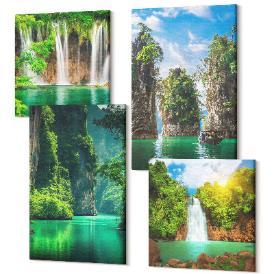 Zestaw obrazów kwadryptyk na ścianę Zielone krajobrazy z wodospadami i skałami