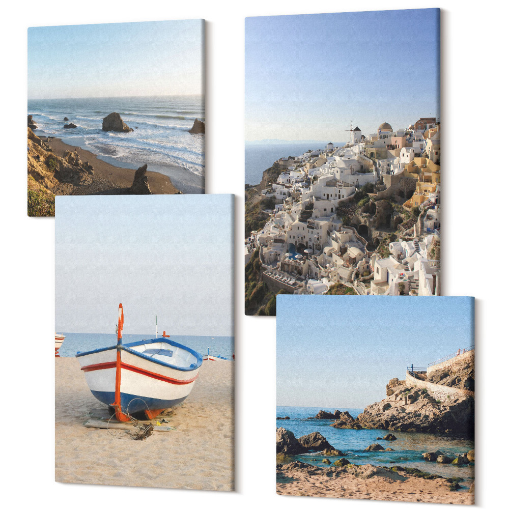 Zestaw obrazów 4 części kwadryptyk Widoki nadmorskie z łodzią i białymi domami Grecja