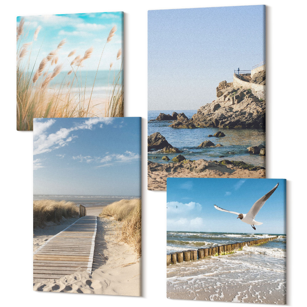 Zestaw obrazów kwadryptyk na ścianę Plaża z drewnianą ścieżką morze i klify nadmorskie