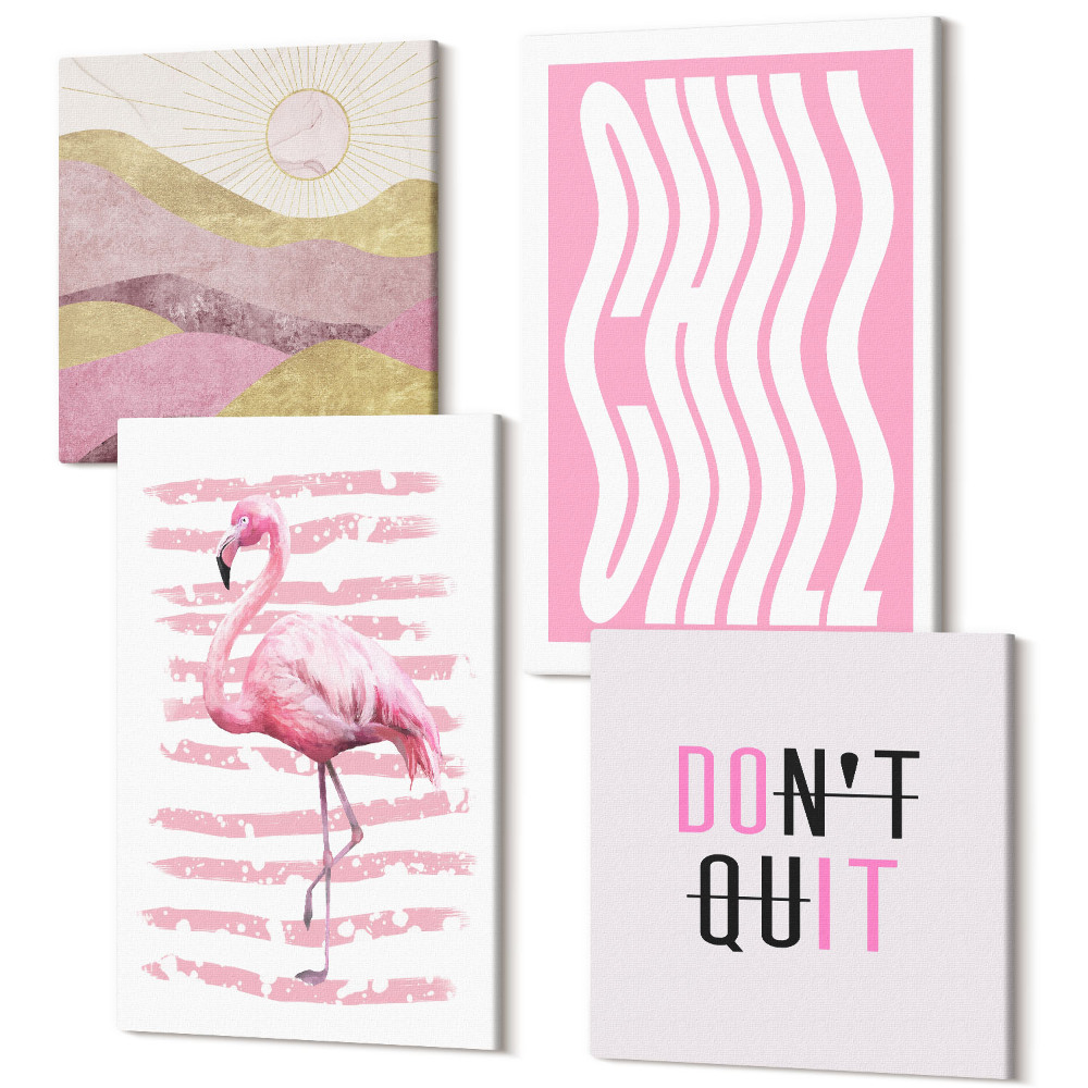 Zestaw obrazów kwadryptyk na ścianę Różowy flamingi pastelowy górski pejzaż napisy
